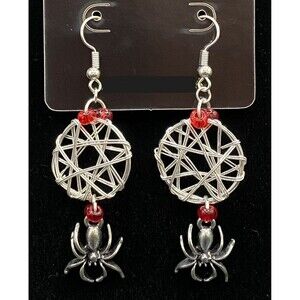 Handmade Spider & Web with Red Glass Bead Earrings by Neanie-Bot